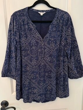 Lucky Brand Blue Bandana Print Boho Split V-Neck Tunic Blouse 3/4 Sleeve Sz 1x
